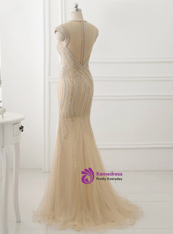 Mermaid Tulle Beading Evening Dress O Neck Short Sleeve