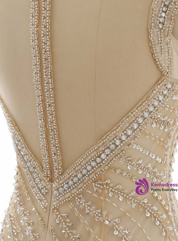 Mermaid Tulle Beading Evening Dress O Neck Short Sleeve