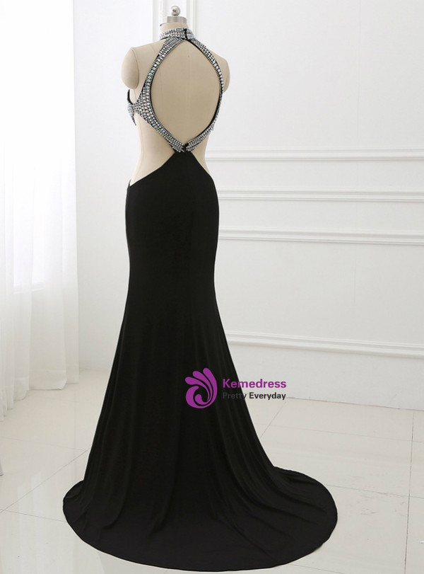 Black Long Prom Dress Illusion Party Gowns High Collar