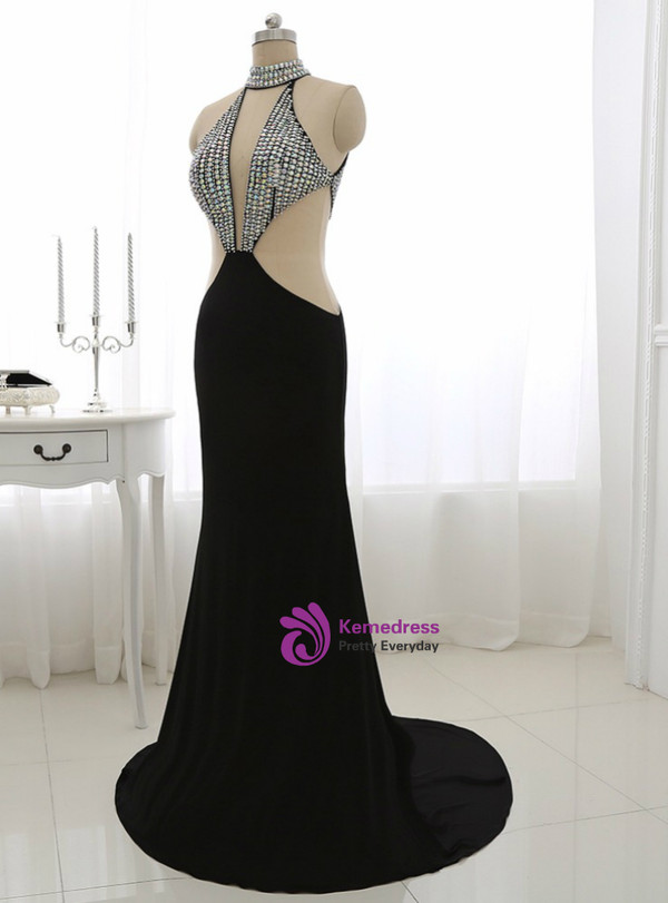 Black Long Prom Dress Illusion Party Gowns High Collar