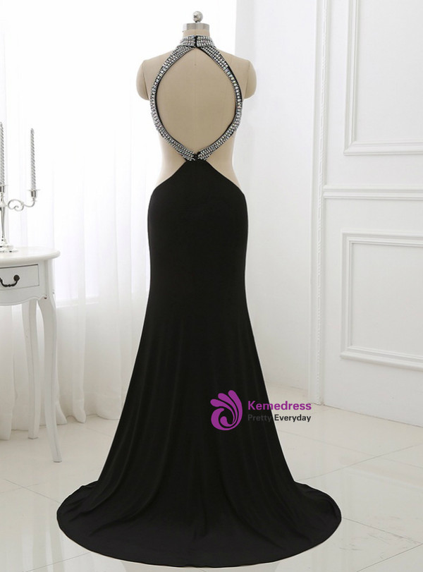 Black Long Prom Dress Illusion Party Gowns High Collar