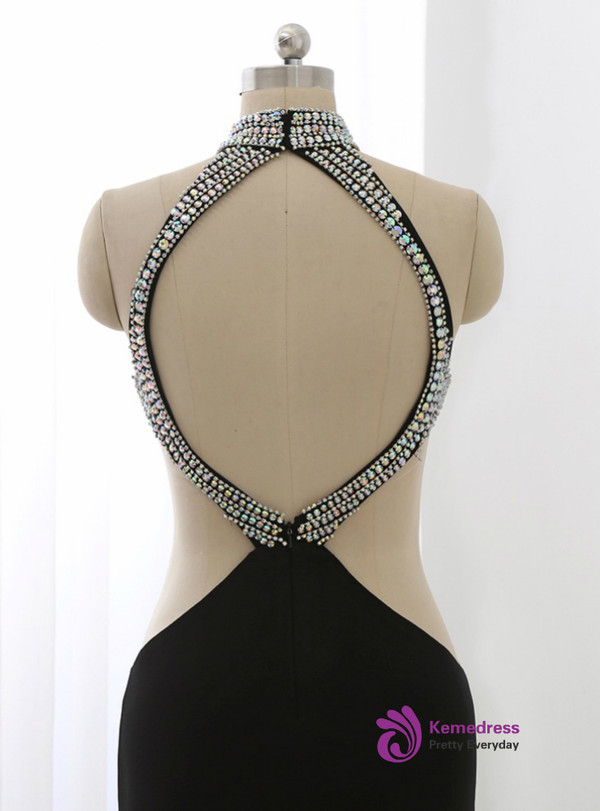 Black Long Prom Dress Illusion Party Gowns High Collar