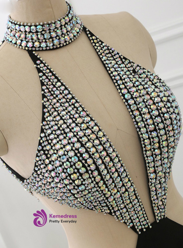 Black Long Prom Dress Illusion Party Gowns High Collar