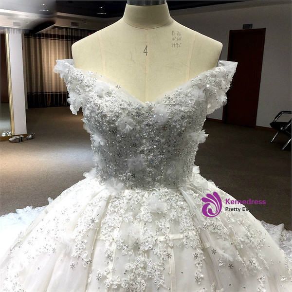 Luxury Soft tulle hand made flower Off Shoulder Beads Crystal