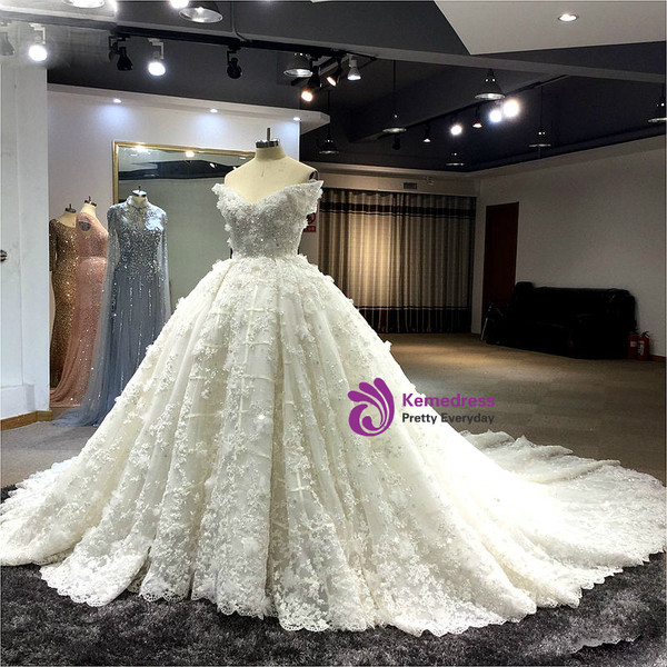 Luxury Soft tulle hand made flower Off Shoulder Beads Crystal