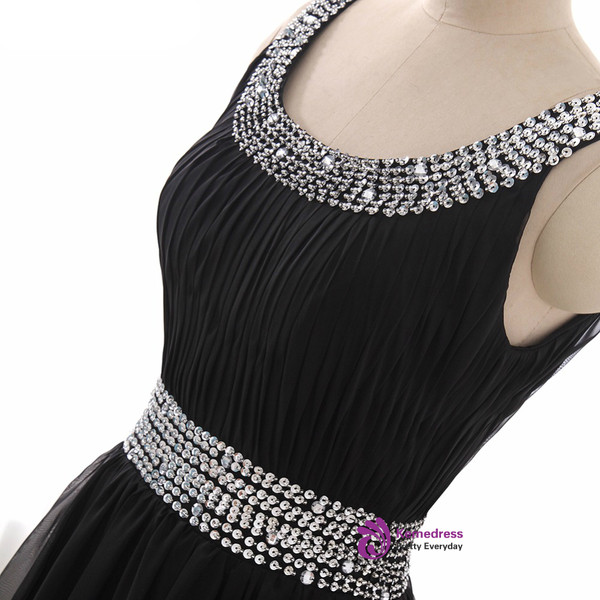 A Line Chiffon Scoop Neck Black Evening Dress Pleat Sequined Waist