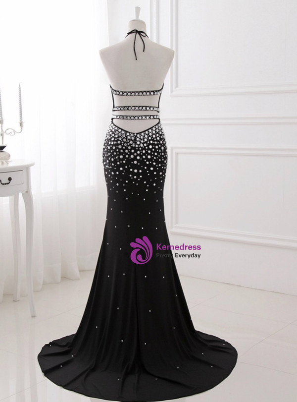 Crystal Mermaid Black Mermaid Prom Dress Sexy Backless Halter