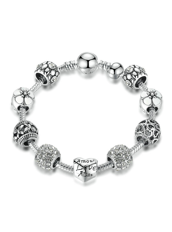 Silver Charm Bracelet & Bangle with Love and Flower Crystal