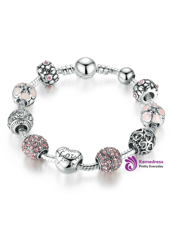 Silver Charm Bracelet & Bangle with Love and Flower Crystal