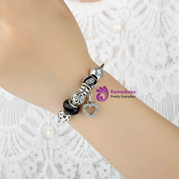 Black Glass Bead & Heart Charms Bangles