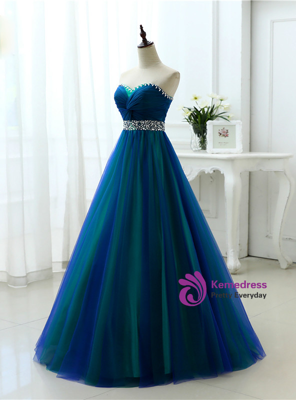 A Line Sexy Sweetheart Soft Tulle Long Prom Dresses With Crystal