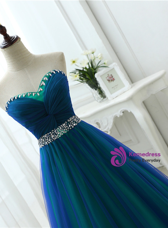 A Line Sexy Sweetheart Soft Tulle Long Prom Dresses With Crystal