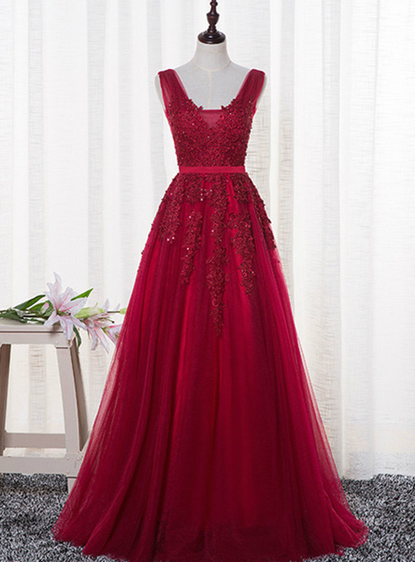 In Stock:Ship in 48 hours Burgundy V Neck Long Appliques Prom Dresses