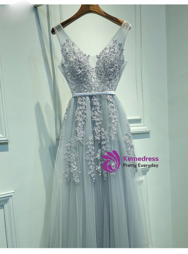 In Stock:Ship in 48 hours Grey Long Lace Appliques Prom Dresses