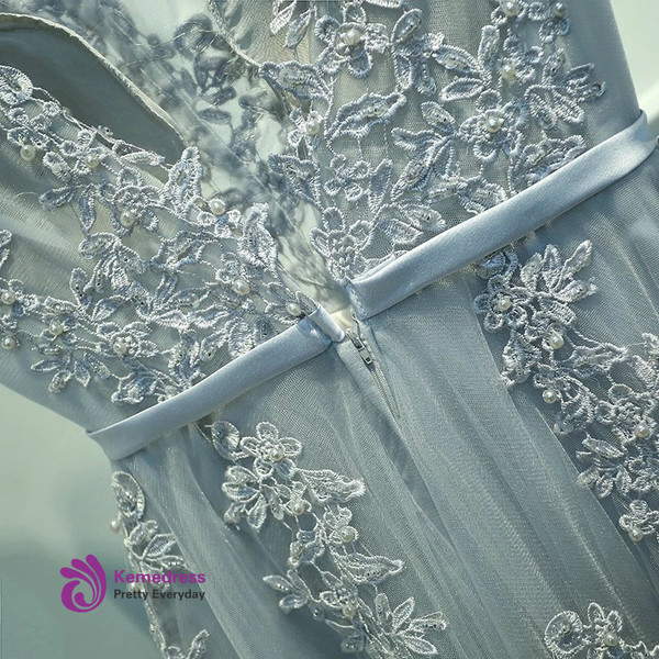 In Stock:Ship in 48 hours Grey Long Lace Appliques Prom Dresses