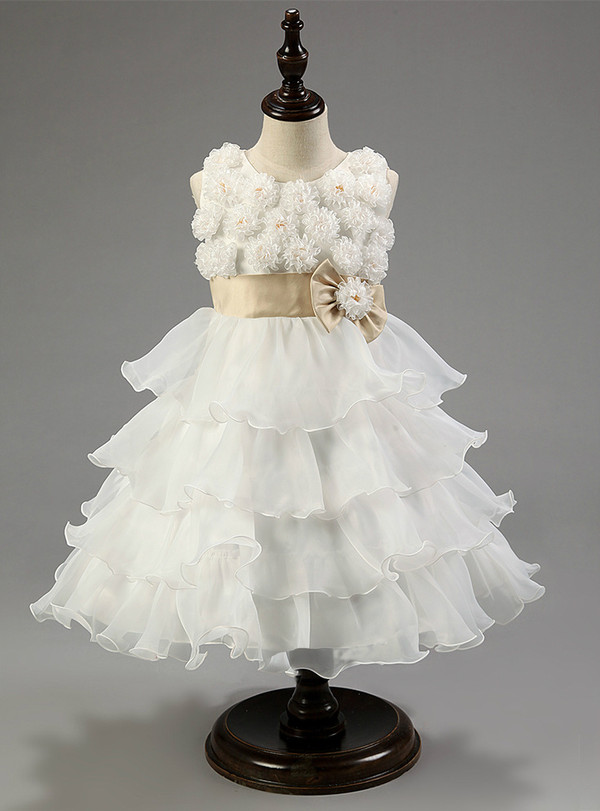 In Stock:Ship in 48 hours Organza Ruffle White Flower Dress