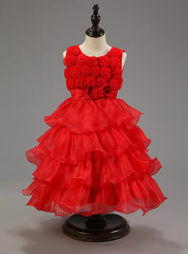 In Stock:Ship in 48 hours Organza Ruffle Red Flower Dress