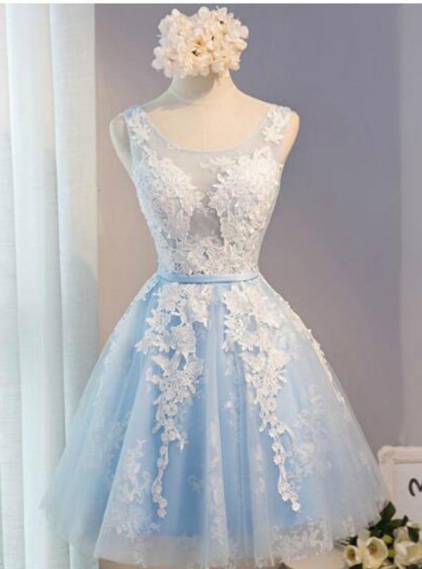 In Stock:Ship in 48 hours Blue Lace V-neck Homecoming Dress