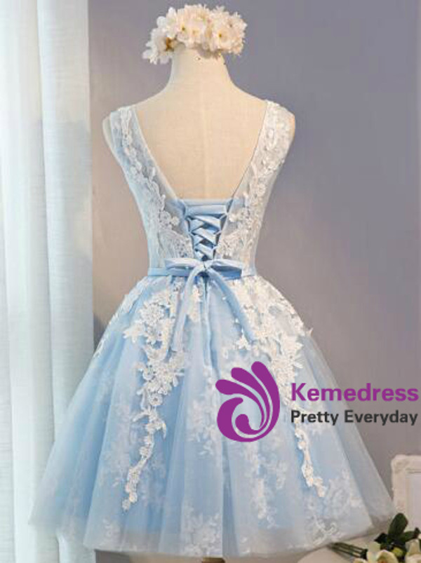 In Stock:Ship in 48 hours Blue Lace V-neck Homecoming Dress