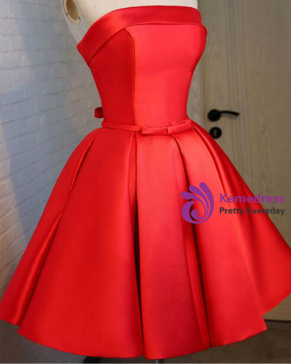 In Stock:Ship in 48 hours Red Satin Strapless Dress