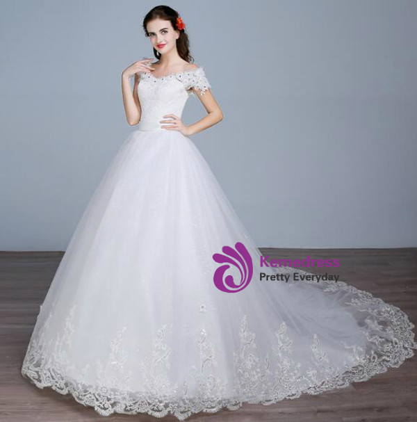 In Stock:Ship in 48 hours Off The Shoulder White Wedding Dress