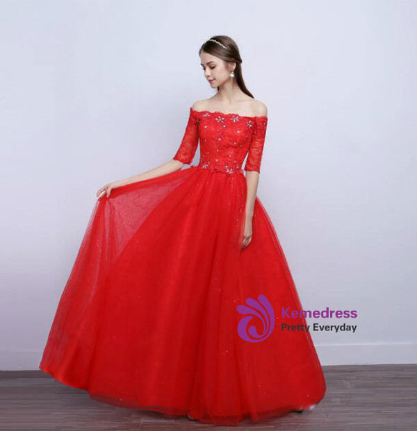 In Stock:Ship in 48 hours Red Short Sleeve Wedding Dress