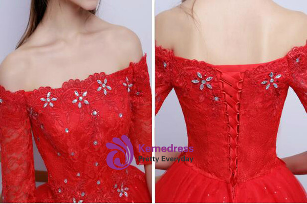 In Stock:Ship in 48 hours Red Short Sleeve Wedding Dress