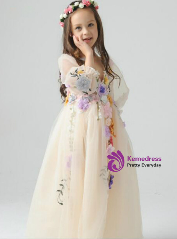 In Stock:Ship in 48 hours Long Sleeve Yellow Flower Girl Dress