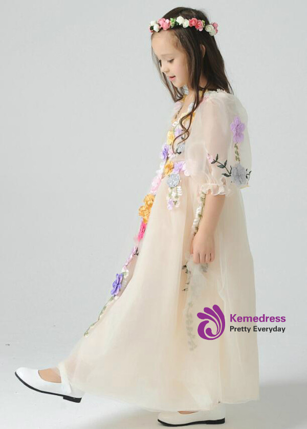 In Stock:Ship in 48 hours Long Sleeve Yellow Flower Girl Dress