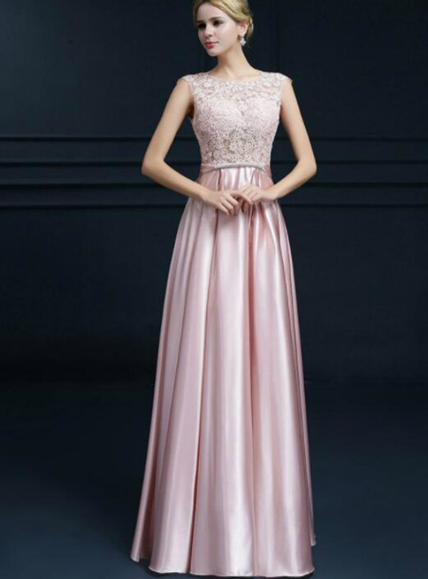 In Stock:Ship in 48 hours A-Line Pink Satin Lace Prom Dress
