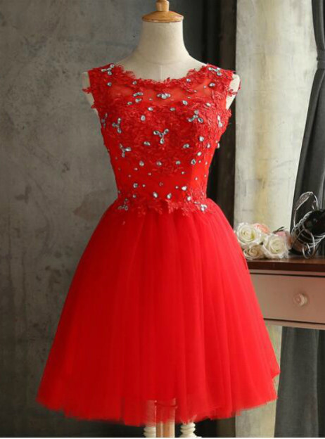 In Stock:Ship in 48 hours Red Tulle Appliques Homecoming Dress