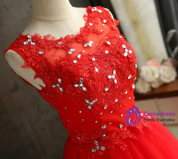 In Stock:Ship in 48 hours Red Tulle Appliques Homecoming Dress