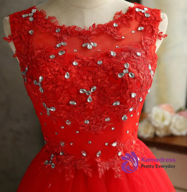 In Stock:Ship in 48 hours Red Tulle Appliques Homecoming Dress