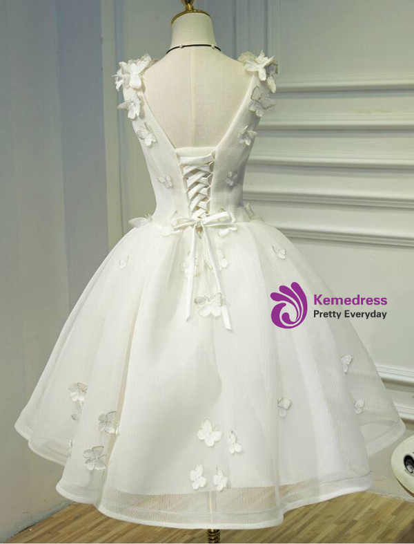 In Stock:Ship in 48 hours White V-neck Organza Homecoming Dress
