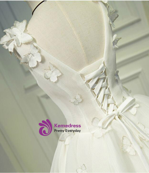 In Stock:Ship in 48 hours White V-neck Organza Homecoming Dress
