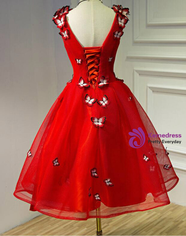 In Stock:Ship in 48 hours Red V-neck Organza Homecoming Dress