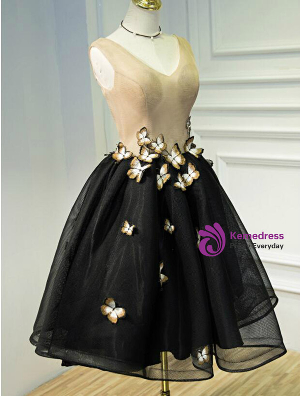 In Stock:Ship in 48 hours Black V-neck Organza Homecoming Dress