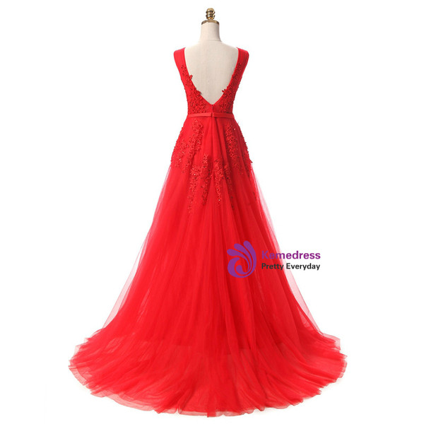 In Stock:Ship in 48 hours Red Lace Beading Sexy Backless Prom Dress
