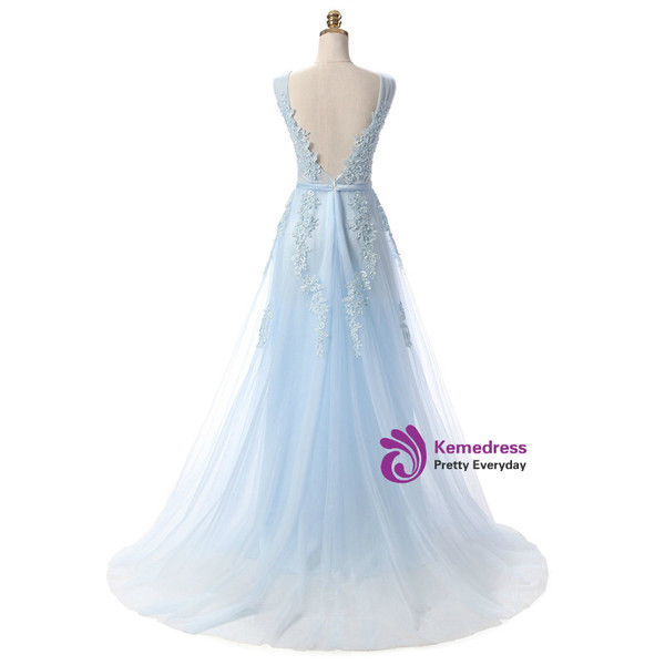In Stock:Ship in 48 hours Light Blue Lace Beading Backless Prom Dress