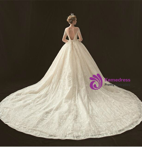 Ball Gown Long Sleeve Open Back Haute Couture Wedding Dresses
