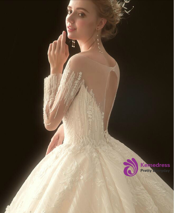Ball Gown Long Sleeve Open Back Haute Couture Wedding Dresses