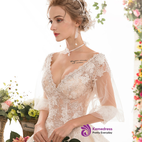 V-neck Ball Gown Backless Short Sleeve Luxury Haute Couture Wedding Dresses