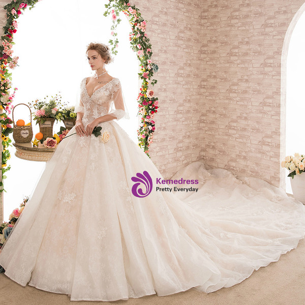 V-neck Ball Gown Backless Short Sleeve Luxury Haute Couture Wedding Dresses