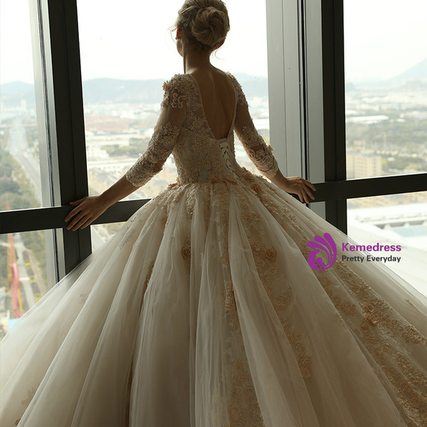 Luxurious Long Trailing Flower Ball Gown Wedding Dress