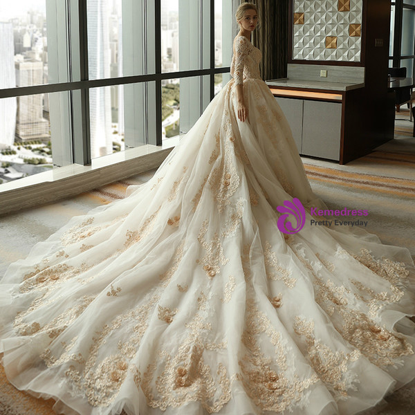 Luxurious Long Trailing Flower Ball Gown Wedding Dress