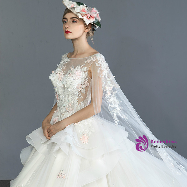 Long Tail  Flower Ball Gown Tulle White High Waist Wedding Dress