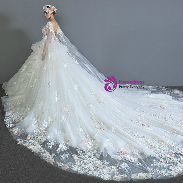 Long Tail  Flower Ball Gown Tulle White High Waist Wedding Dress