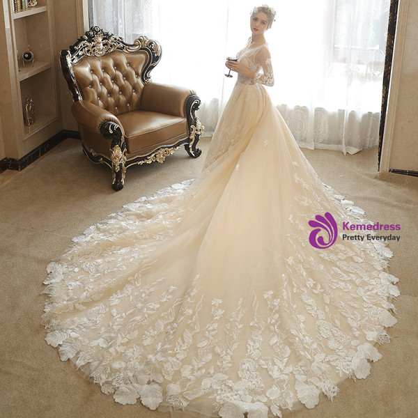 Sexy Long Sleeve Lace Tulle Ivory Haute Couture Wedding Dresses