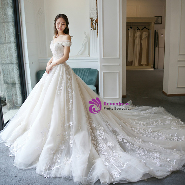 Luxury Off The Shoulder Tulle Lace Appliques Wedding Dress