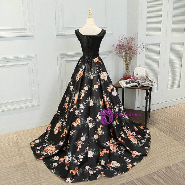 In Stock:Ship in 48 hours A-line Black Print Prom Dress